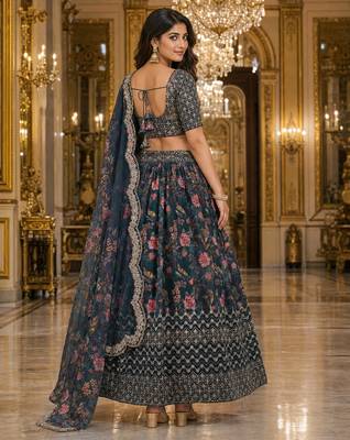 Digital Floral Print Faux Georget Multi Sequnce Work Lehenga Choli With Unstitched Blouse and Stitched Dupatta 2