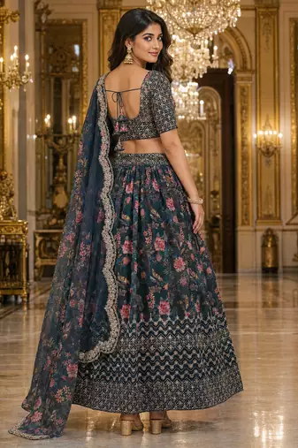 Digital Floral Print Faux Georget Multi Sequnce Work Lehenga Choli With Unstitched Blouse and Stitched Dupatta