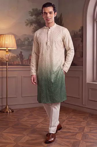 Mens green silk blend solid embroidered kurta with trouser