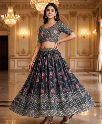Digital Floral Print Faux Georget Multi Sequnce Work Lehenga Choli With Unstitched Blouse and Stitched Dupatta 3
