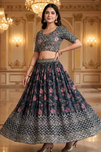 Digital Floral Print Faux Georget Multi Sequnce Work Lehenga Choli With Unstitched Blouse and Stitched Dupatta