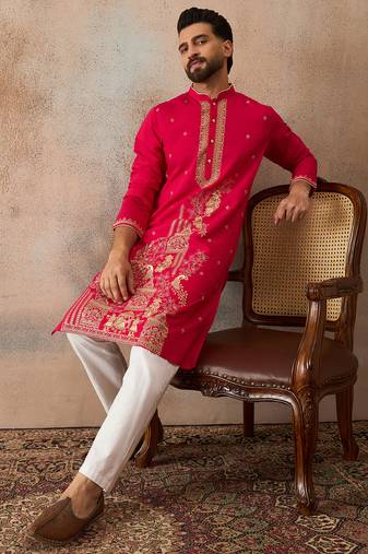 Mens pink viscose rayon solid emboidered straight kurta with trouser