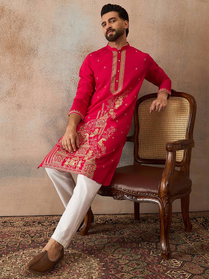 Mens pink viscose rayon solid emboidered straight kurta with trouser