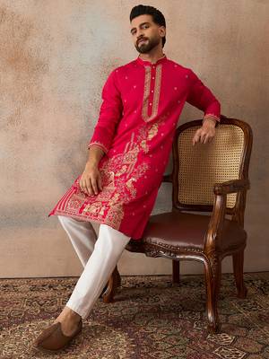 Mens pink viscose rayon solid emboidered straight kurta with trouser 1