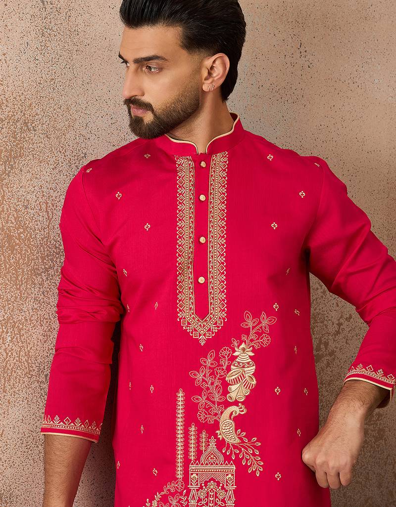Mens pink viscose rayon solid emboidered straight kurta with trouser