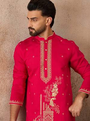 Mens pink viscose rayon solid emboidered straight kurta with trouser 2