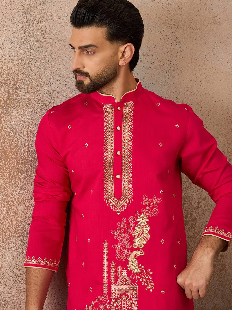 Mens pink viscose rayon solid emboidered straight kurta with trouser