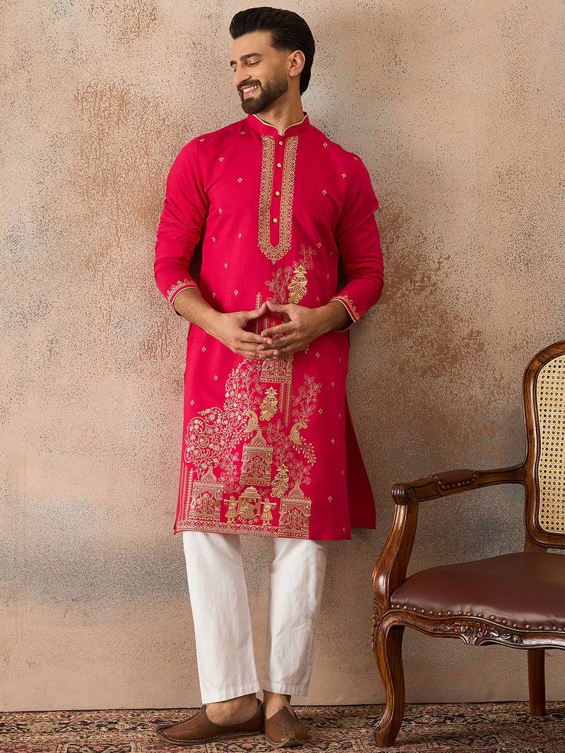 Mens pink viscose rayon solid emboidered straight kurta with trouser