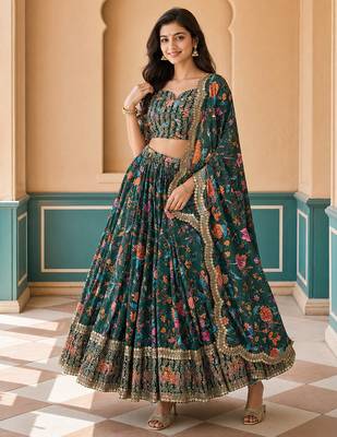 Digital Floral Print Faux Georget Multi Sequnce Work Lehenga Choli With Unstitched Blouse and Stitched Dupatta 1