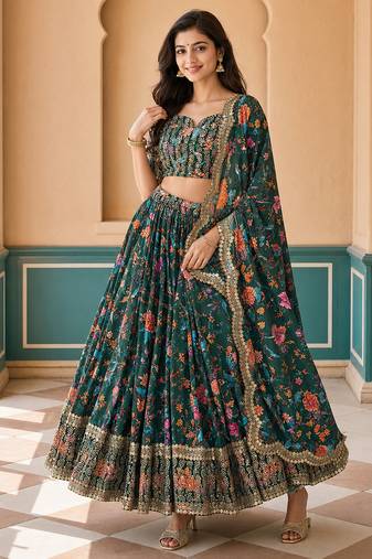 Digital Floral Print Faux Georget Multi Sequnce Work Lehenga Choli With Unstitched Blouse and Stitched Dupatta