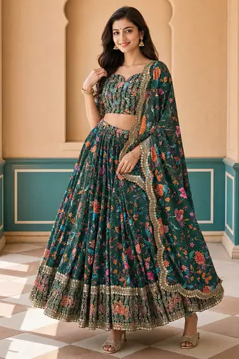 Digital Floral Print Faux Georget Multi Sequnce Work Lehenga Choli With Unstitched Blouse and Stitched Dupatta