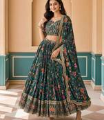 Digital Floral Print Faux Georget Multi Sequnce Work Lehenga Choli With Unstitched Blouse and Stitched Dupatta