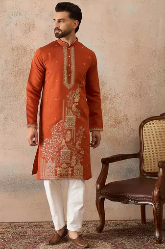 Mens brown viscose rayon solid emboidered straight kurta with trouser