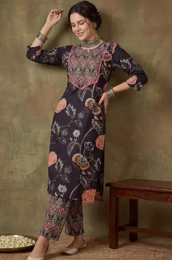 Women Floral Printed Regular Thread Work Pure Cotton Kurta with Trousers