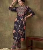 Women Floral Printed Regular Thread Work Pure Cotton Kurta with Trousers
