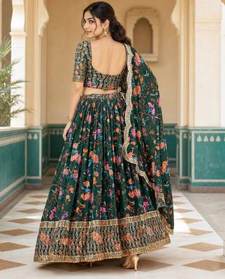 Digital Floral Print Faux Georget Multi Sequnce Work Lehenga Choli With Unstitched Blouse and Stitched Dupatta 3