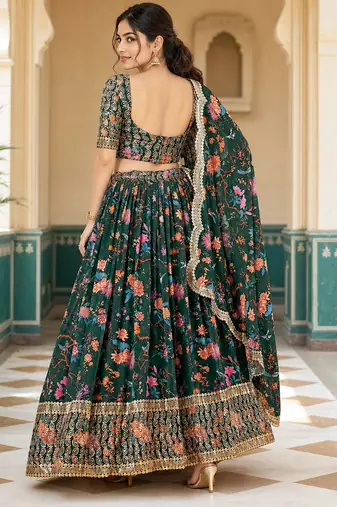 Digital Floral Print Faux Georget Multi Sequnce Work Lehenga Choli With Unstitched Blouse and Stitched Dupatta