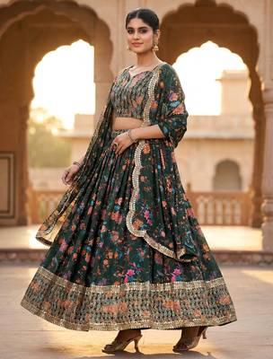 Digital Floral Print Faux Georget Multi Sequnce Work Lehenga Choli With Unstitched Blouse and Stitched Dupatta 4