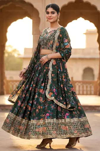 Digital Floral Print Faux Georget Multi Sequnce Work Lehenga Choli With Unstitched Blouse and Stitched Dupatta