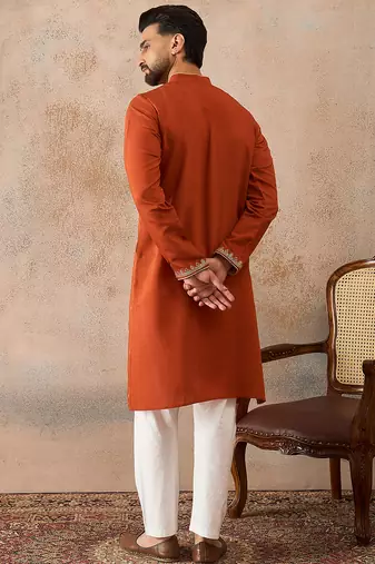 Mens brown viscose rayon solid emboidered straight kurta with trouser