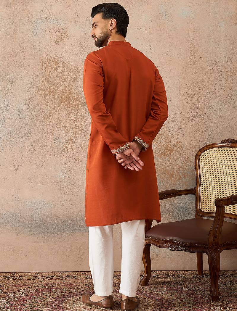 Mens brown viscose rayon solid emboidered straight kurta with trouser