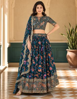 Digital Floral Print Faux Georget Multi Sequnce Work Lehenga Choli With Unstitched Blouse and Stitched Dupatta 1