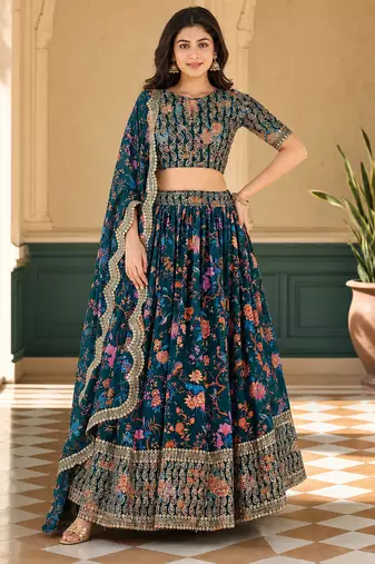 Digital Floral Print Faux Georget Multi Sequnce Work Lehenga Choli With Unstitched Blouse and Stitched Dupatta