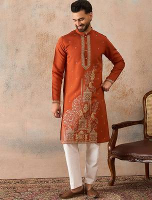 Mens brown viscose rayon solid emboidered straight kurta with trouser 5