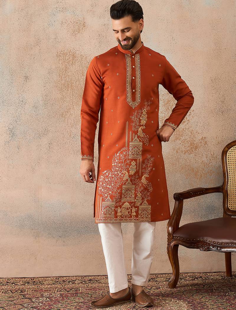 Mens brown viscose rayon solid emboidered straight kurta with trouser