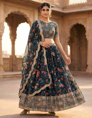 Digital Floral Print Faux Georget Multi Sequnce Work Lehenga Choli With Unstitched Blouse and Stitched Dupatta 2