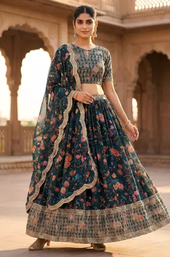Digital Floral Print Faux Georget Multi Sequnce Work Lehenga Choli With Unstitched Blouse and Stitched Dupatta
