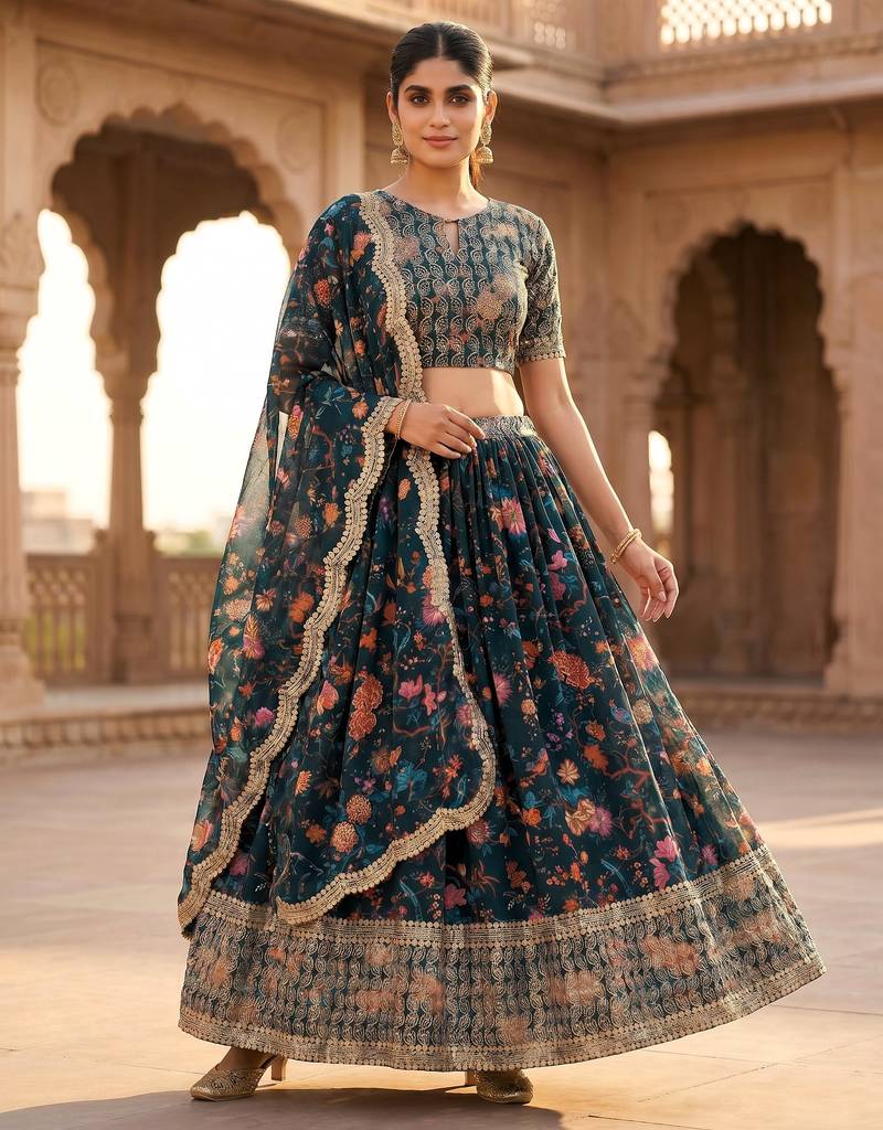 Digital Floral Print Faux Georget Multi Sequnce Work Lehenga Choli With Unstitched Blouse and Stitched Dupatta