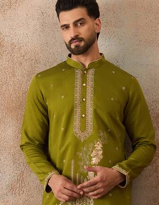 Mens green viscose rayon solid emboidered straight kurta with trouser 1