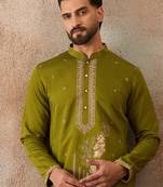 Mens green viscose rayon solid emboidered straight kurta with trouser