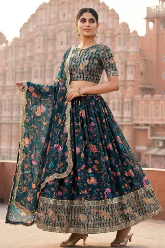 Digital Floral Print Faux Georget Multi Sequnce Work Lehenga Choli With Unstitched Blouse and Stitched Dupatta