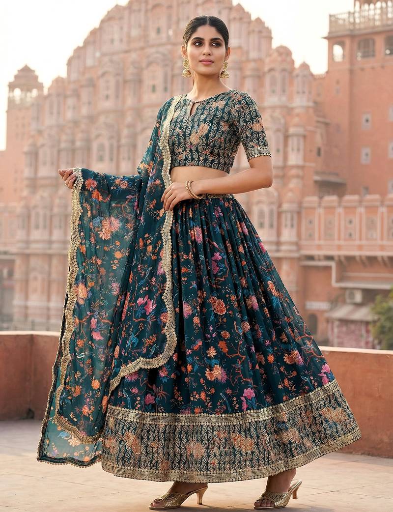Digital Floral Print Faux Georget Multi Sequnce Work Lehenga Choli With Unstitched Blouse and Stitched Dupatta