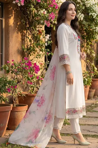 Women Floral Embroidered Regular Thread Work Kurta with Trousers & With Dupatta