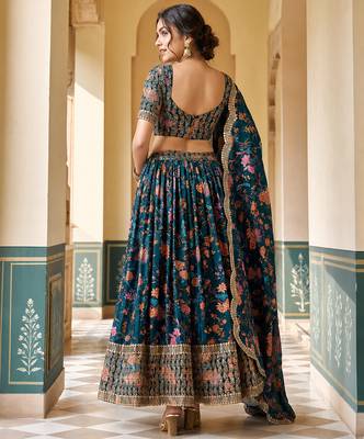 Digital Floral Print Faux Georget Multi Sequnce Work Lehenga Choli With Unstitched Blouse and Stitched Dupatta 4