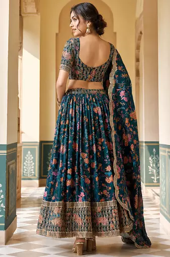 Digital Floral Print Faux Georget Multi Sequnce Work Lehenga Choli With Unstitched Blouse and Stitched Dupatta