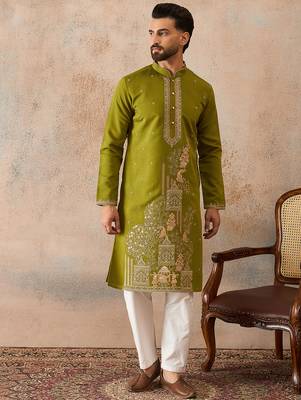 Mens green viscose rayon solid emboidered straight kurta with trouser 2