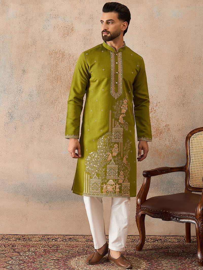 Mens green viscose rayon solid emboidered straight kurta with trouser