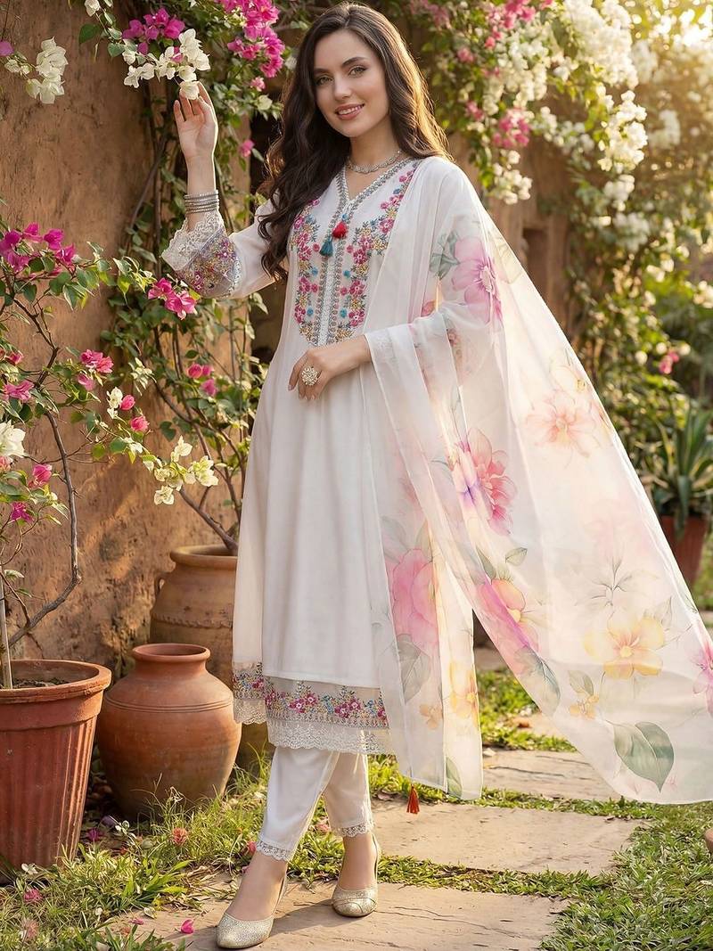 Women Floral Embroidered Regular Thread Work Kurta with Trousers & With Dupatta