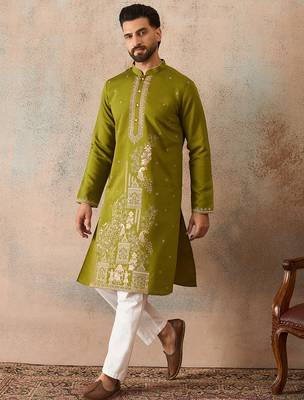 Mens green viscose rayon solid emboidered straight kurta with trouser 3