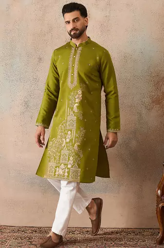 Mens green viscose rayon solid emboidered straight kurta with trouser