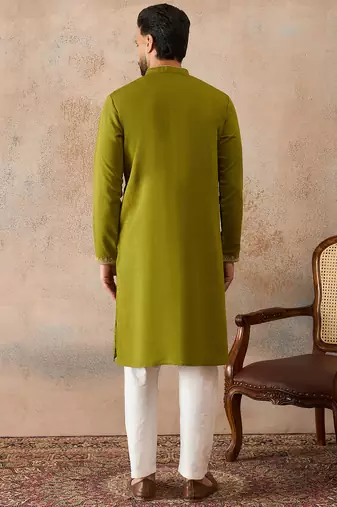 Mens green viscose rayon solid emboidered straight kurta with trouser