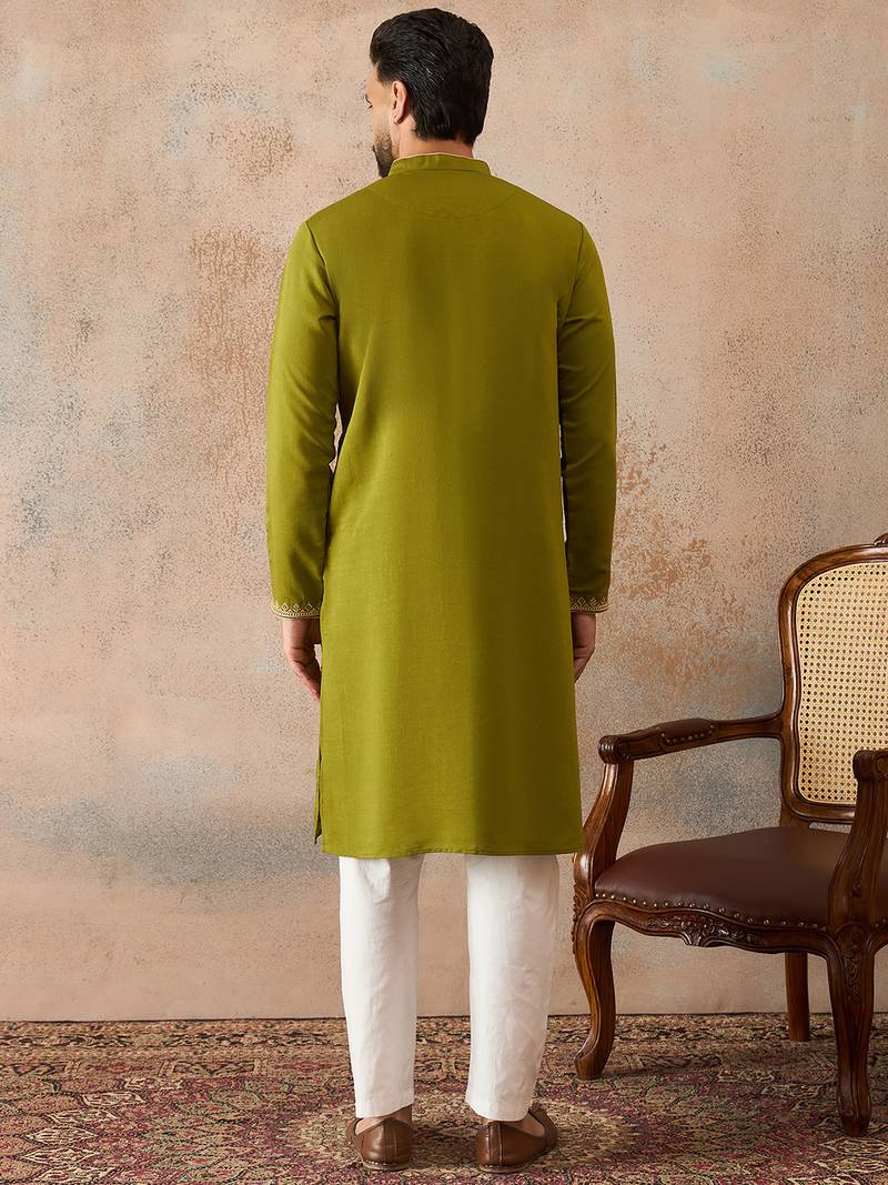 Mens green viscose rayon solid emboidered straight kurta with trouser