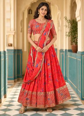 Digital Floral Print Faux Georget Multi Sequnce Work Lehenga Choli With Unstitched Blouse and Stitched Dupatta 1