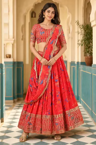 Digital Floral Print Faux Georget Multi Sequnce Work Lehenga Choli With Unstitched Blouse and Stitched Dupatta