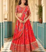 Digital Floral Print Faux Georget Multi Sequnce Work Lehenga Choli With Unstitched Blouse and Stitched Dupatta