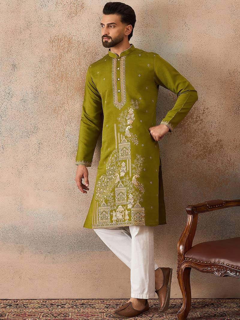 Mens green viscose rayon solid emboidered straight kurta with trouser